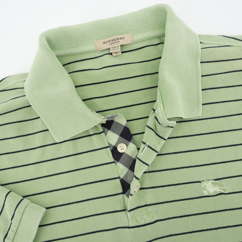 Burberry London Nova Cheack Striped Embroidered Logo Polo Shirt Green Mens Large